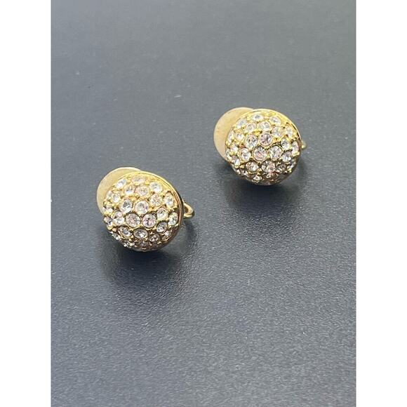 Swarovski Signed Swan Domed Button 18k Gold Plated Crystal Pave Clip On Earrings - Picture 14 of 15